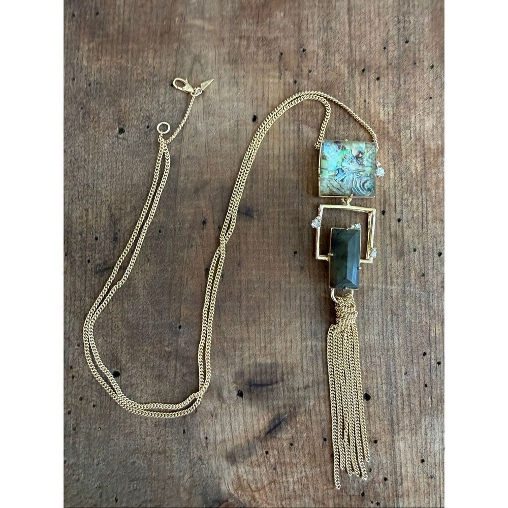 Alexis Bittar 10k Gold Fringe Labradorite Abalone Pendant Statement Necklace - Picture 2 of 8